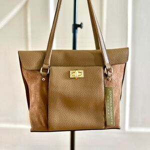 NEW- Sondra Roberts Taupe Brown Vegan Suede & Leather Shoulder Bag